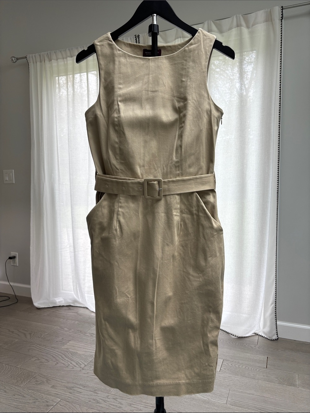 Sleeveless Belted Sheath Dress in Beige